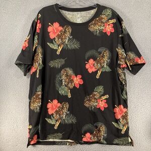 George T-Shirt Women's Plus 2XL Black Hawaiian Hibiscus Tiger Print Short Sleeve